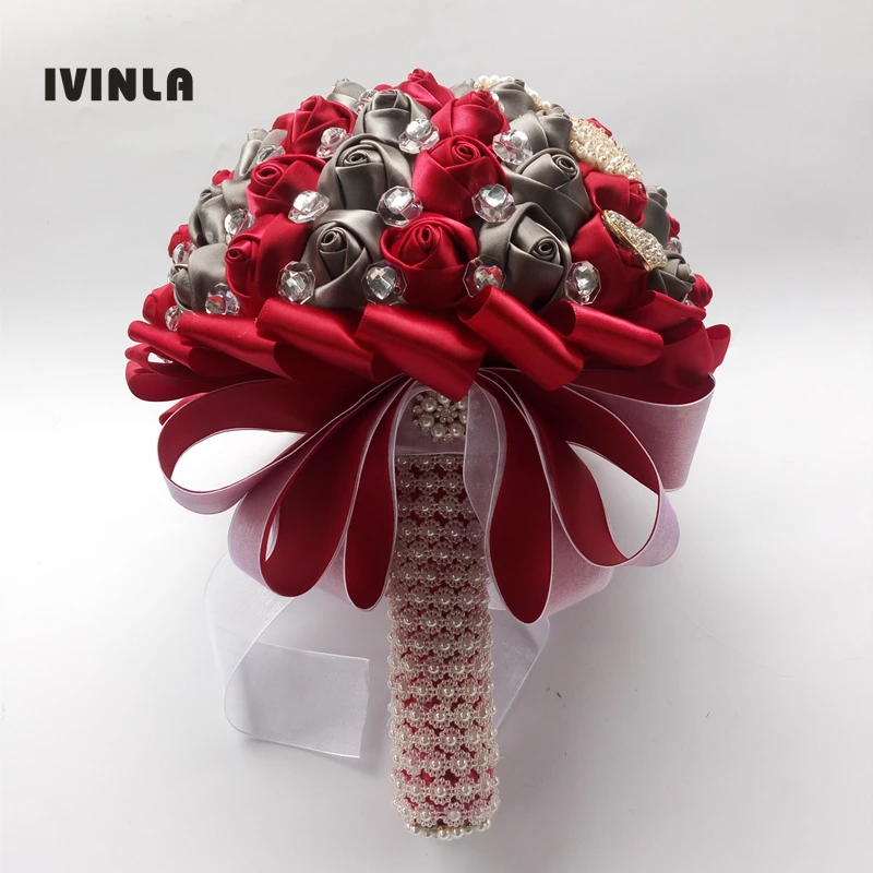 New Arrived Grey and Red artificial wedding bridesmaid bouquet with Rhinestone for wedding decoration