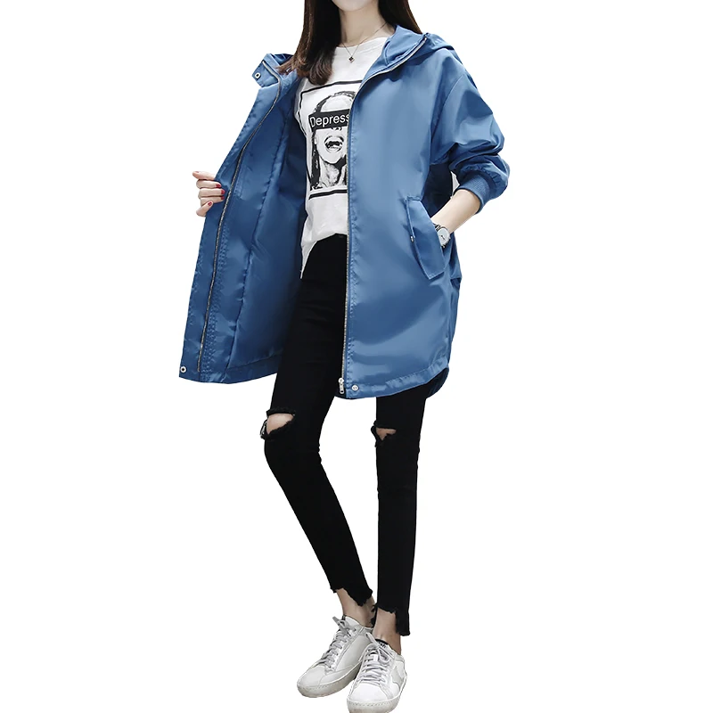 

Women Trench Coat New Spring Autumn Windbreaker Female Student Loose Casual Coat Mid-Long Hooded Zipper Outerwear Tooling