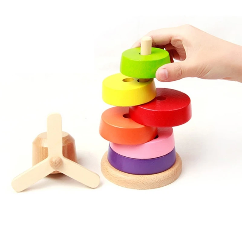 Materiais De Montessori De Madeira Brinquedos Educativos Para Crianças do bebê moinho de vento Torre Pilha Designer Para Crianças Cor Classificadores Para Bebês