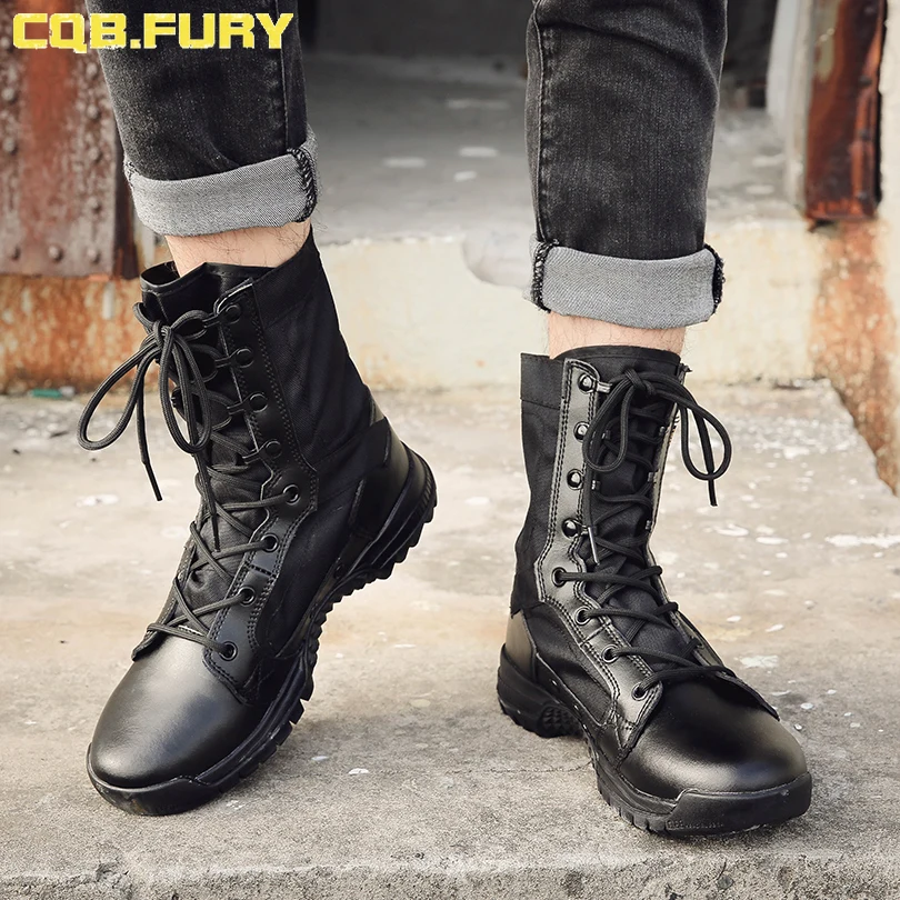 Cheap Summer Super Light lace up Black Leather Boot Tactical Breathable Ankle Hiking Training Boots Mens Boots