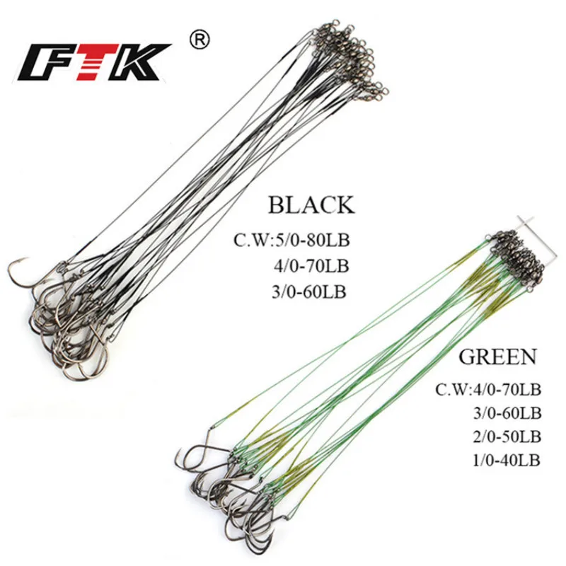 FTK 20PCS 20cm Stainless Steel Wire Fly Fishing Leash With Hook Core 40-80LB Pike Anti-bite Leashes For Fishing Line Leader