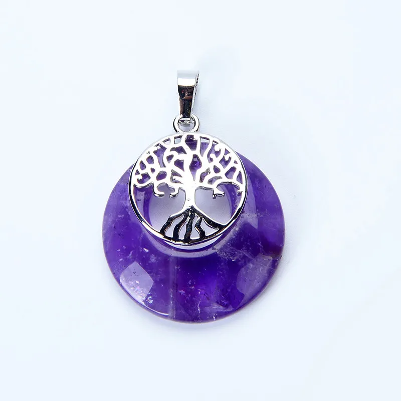 Reiki Natural Stone Crystal Pink Purple Quartz Necklaces Pendant for Women Lady Metal Tree of Life Charms Pendant Jewelry Gifts