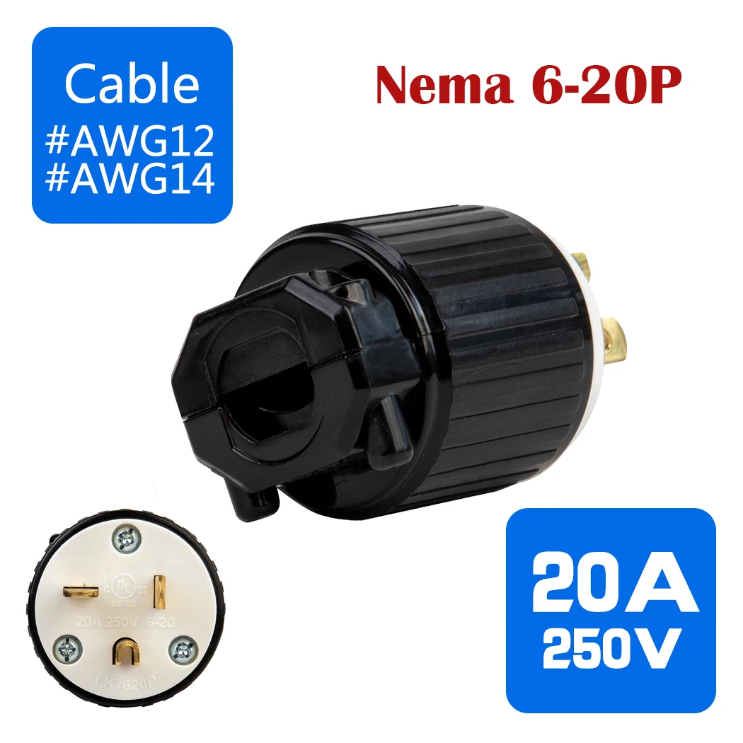 NEMA 6-20P high-power male 3pin converters Self-wiring plugs, 20A 250V,American industrial-grade wiring plugs