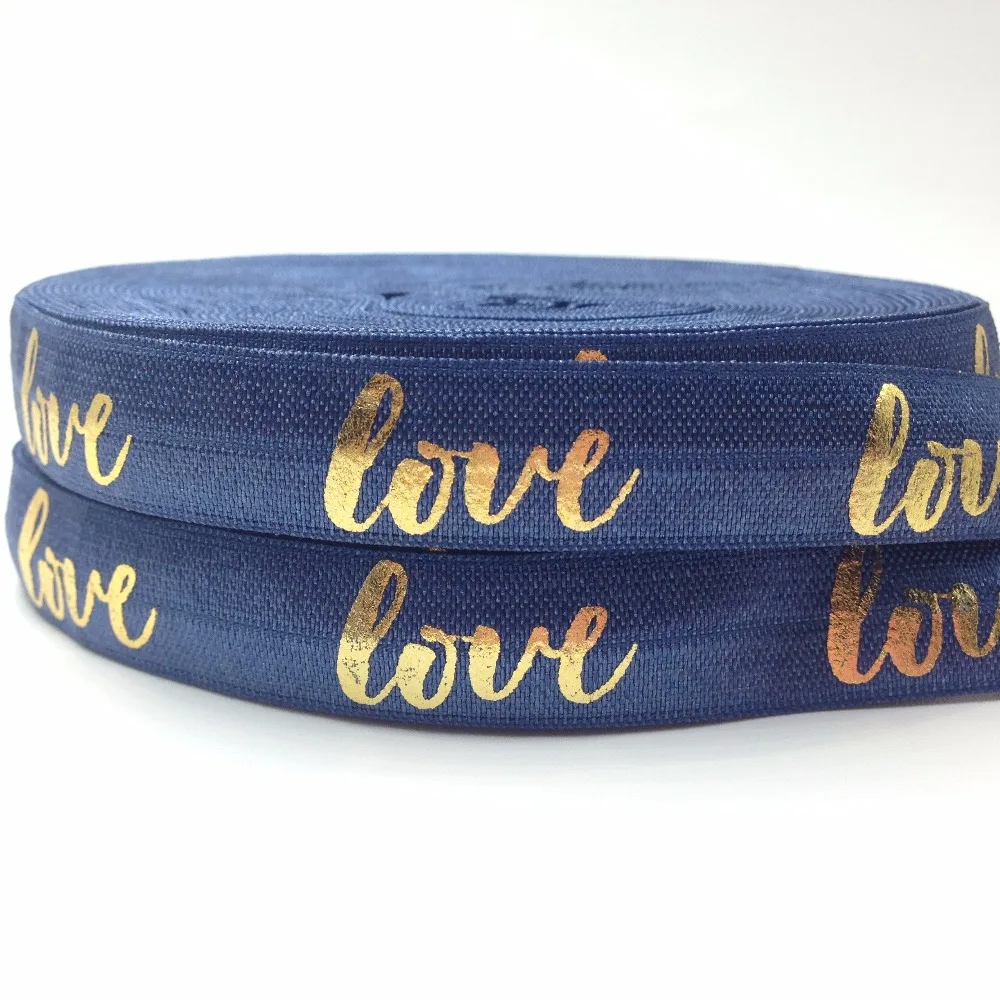 

Good Quality LOVE Print Fold Over Elastic 5/8" Denim Color Girls Hair Tie FOE Ribbon 10 yards for Headband Bracelet DIY Headwear