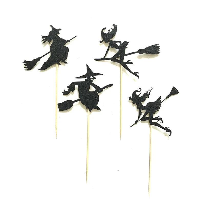 4Pcs Halloween Cupcake Toppers A Witch Ride On a Broomstick Cake Inserted Card For Kids Birthday Cake Decor Halloween Supplies