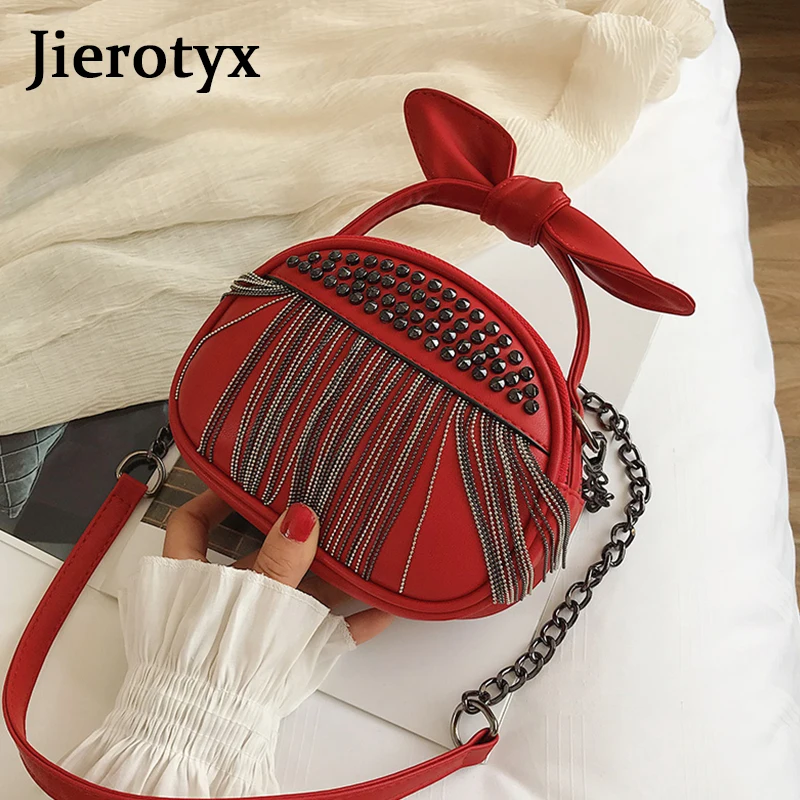 JIEROTYX Rivet Women Handbag Leather Should Bag Lovely Tassel Chained Girls Shoulder Bags Fashion Leisure Handbags For Wonen