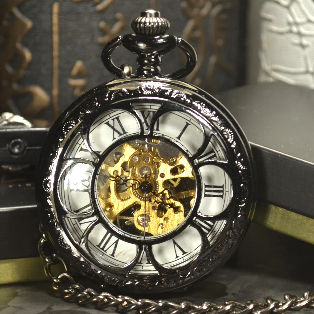 Steampunk Luxury Fashion Antique Black Skeleton Mechanical Pocket Watch Men Chain Necklace Business Casual Pocket & Fob Watches