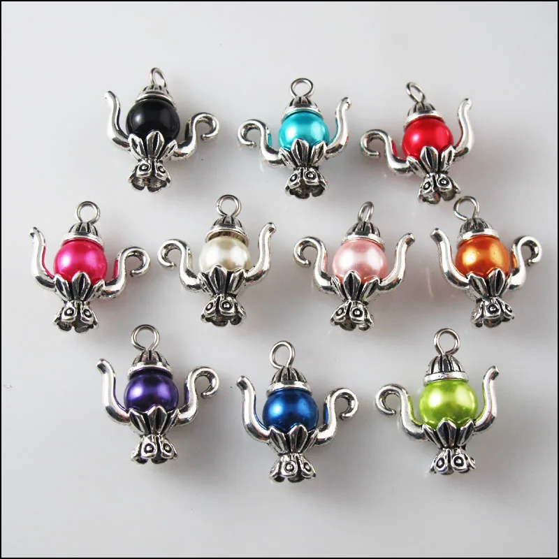 10Pcs Tibetan Silver Aladdin God Lamp Mixed Glass Charms Pendants 19x20mm