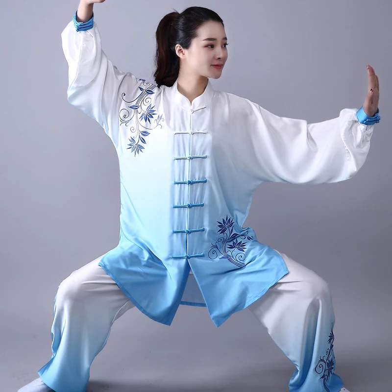 Bordado Flor Azul Tradicional Chinesa Kung Fu Uniforme 3 pcs Conjuntos de Roupas Roupas de Artes Marciais Wushu Tai Chi Terno Exercício Da Manhã