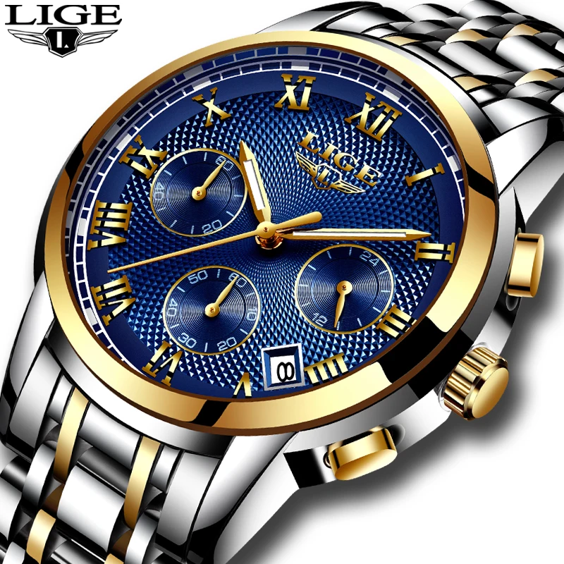 New LIGE Watches Men Luxury Brand Chronograph Men Sports Watches Waterproof Full Steel Quartz Men\'s Watch Relogio Masculino+BOX