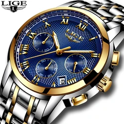 New LIGE Watches Men Luxury Brand Chronograph Men Sports Watches Waterproof Full Steel Quartz Men's Watch Relogio Masculino+BOX