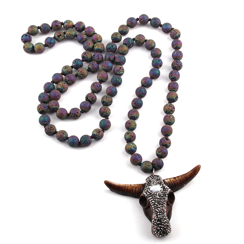 Fashion Bohemian Tribal Jewelry Multi Lava Stones Long Knotted Handmade Paved Bull Head Pendant Necklace For Women