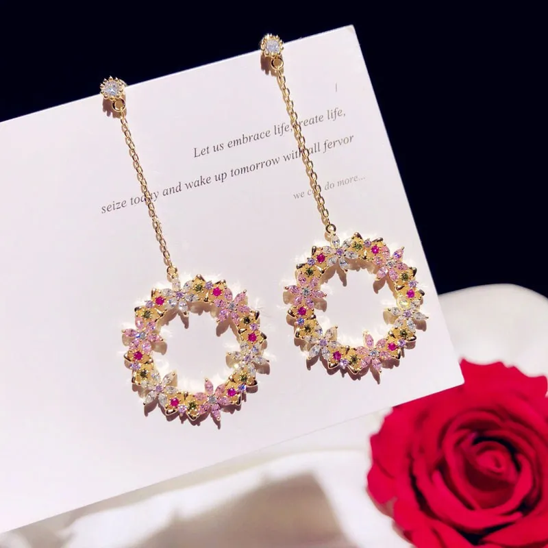 S925 Drop Earrings For Women Needles Pink Wreath Long Tassels Earrings Temperament Sweet Cubic Zirconia Fine Jewelry