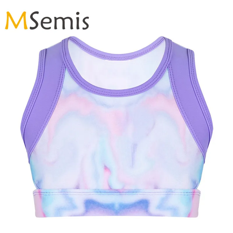 Kids Girls Colorful Ballet Crop Top Gymnastic Swimsuit Tie-Dye Tanks Top for Ballet Dance Stage Performance Workout no Shorts