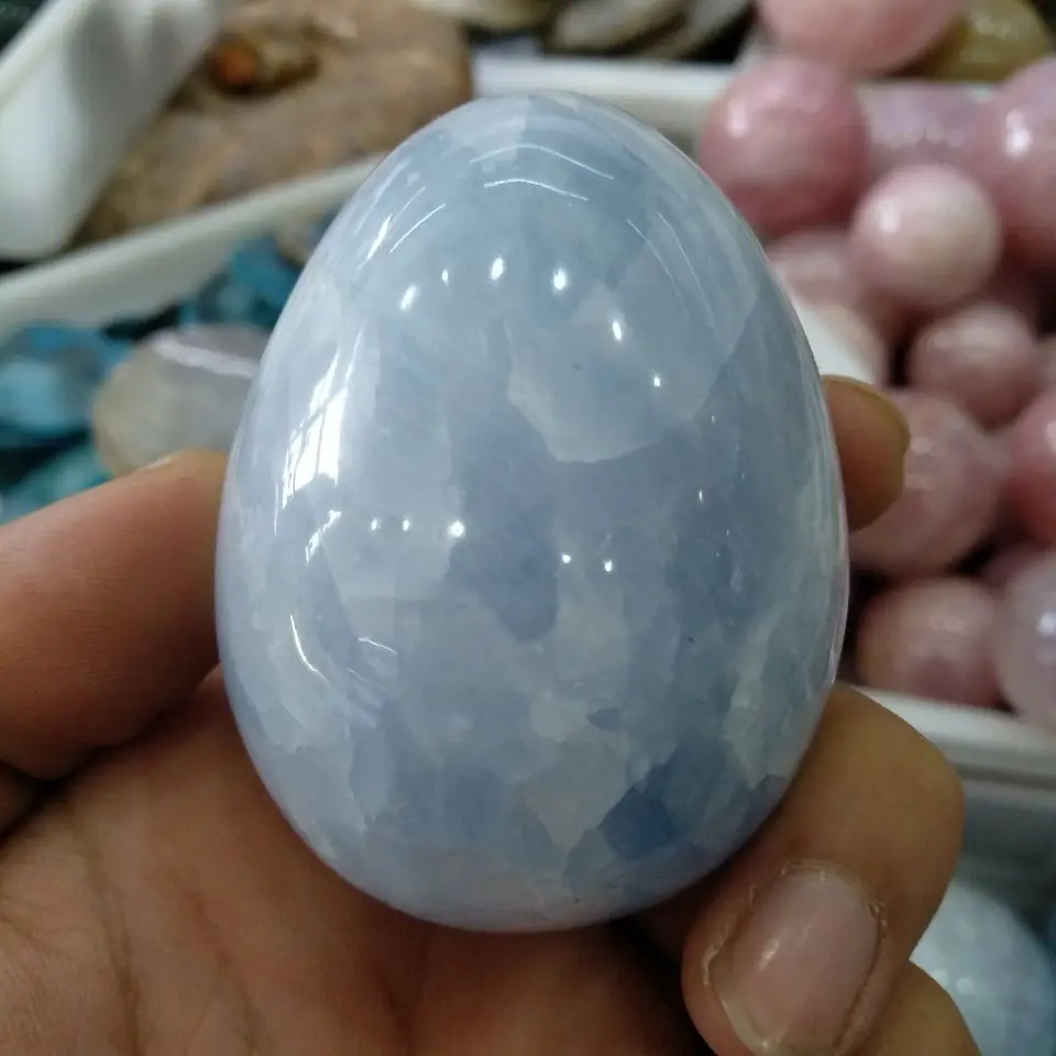 Natural Blue celestite palm stones polished oval shape stone