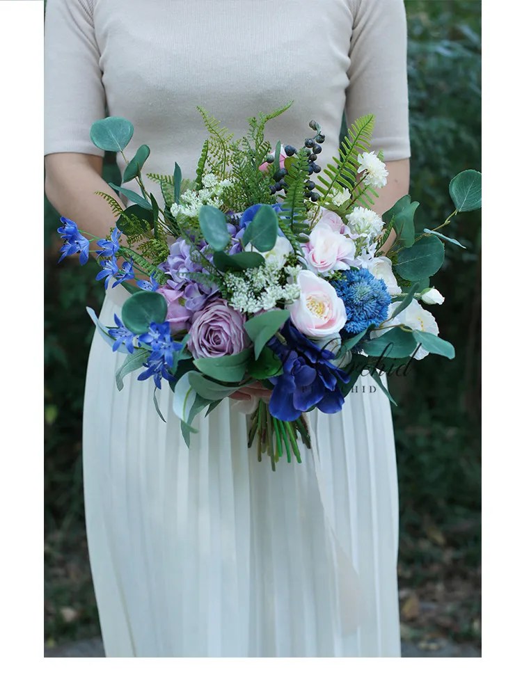 Bouquet de mariage bleu, Bouquet de roses artificielles, Bouquet de mariée Ramo Novia Azul, fait à la main, 2019