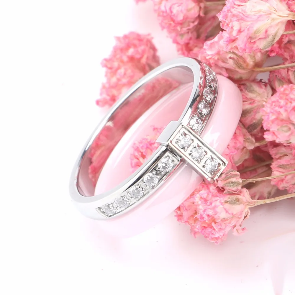 Women Rings 6mm Pink Ceramic Rings CZ Wedding Brand Garden Ring For Women Beautiful Jewelry ague acier inoxydable pour femme