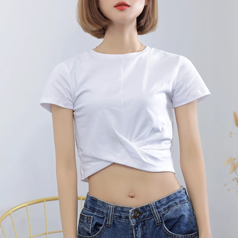 Gkfnmt Cotton Summer Sexy Women Slim Crop Top Tees T Shirt Cross Wrap Short Sleeve Solid Female Teenage Girls Femmes T-shirt