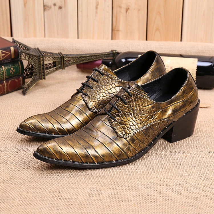 

Mens italian leather shoes male high heels genuine leather loafers pointed gold dress shoes men crocodile skin shoes mariage