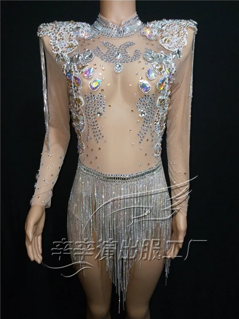 2020 Women New Singer Hosts Transparent Mesh High-end Shiny Rhinestone Bodysuit Shiny Tassel Epaulettes One Piece Costumes