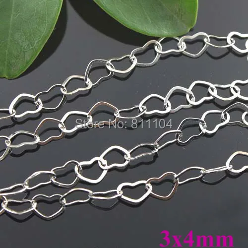 ( 10 Meters/lot) 3x4mm New Rhodium tone Plated Brass Love Heart Beads Jewelry Link Chains Findings DIY Jewelry Making Wholesale