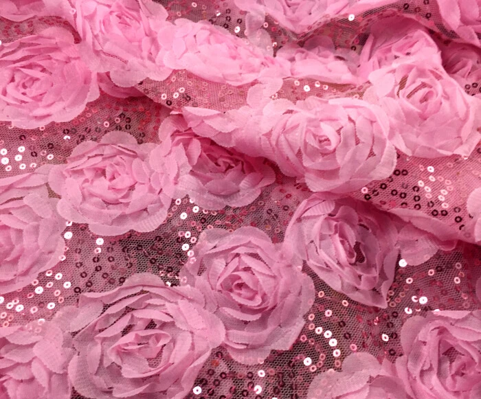 

1 meter 135cm 53.14" width pink sequined 3D rose mesh embroidered fabric for dance wedding dress childrenwear MM214