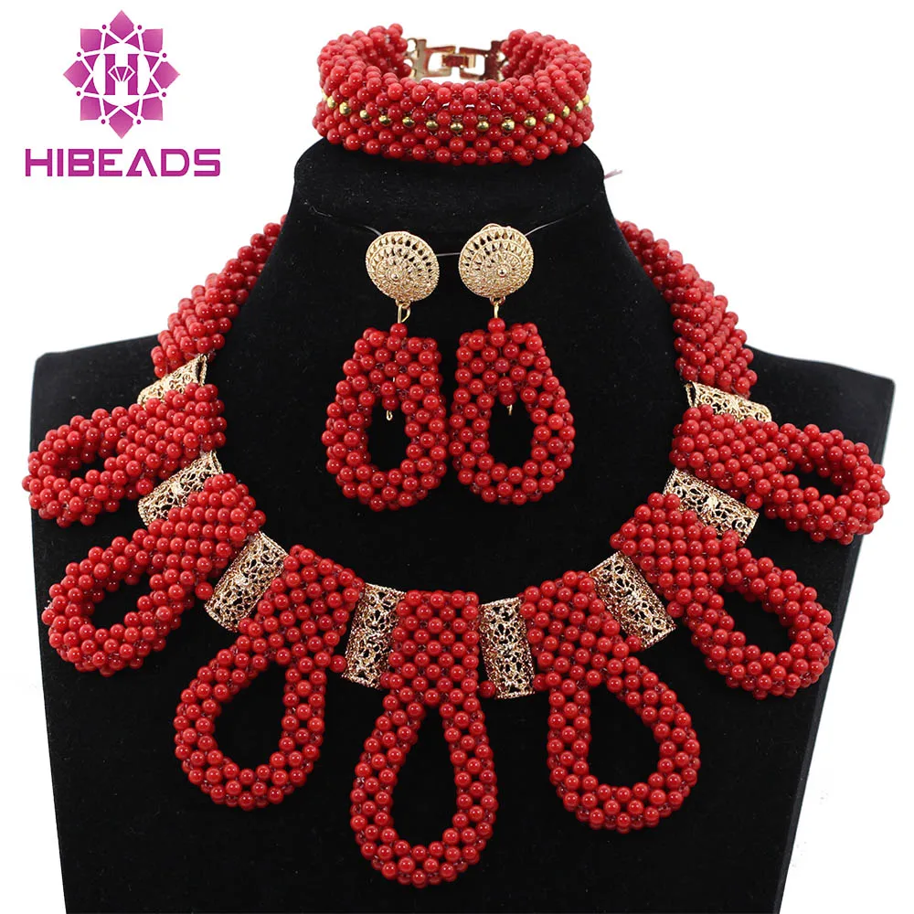 

New Chunky Bib Beads Bridal Necklace Set Exclusive Orange Wedding Beads African Jewelry Sets Gold Accessory Free Shipping ABH350