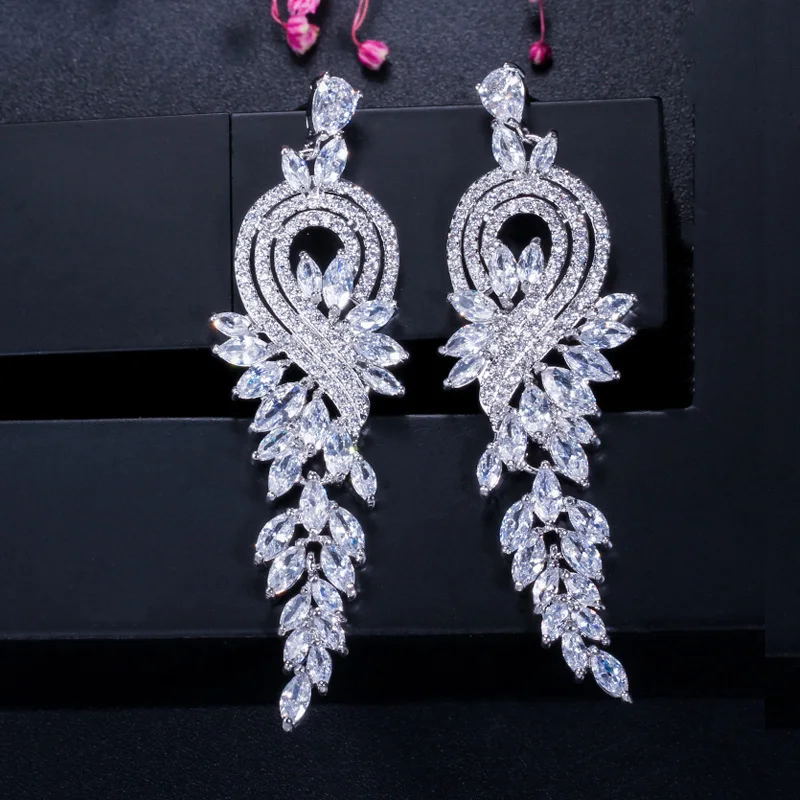 Pera Luxury Right and Left Asymmetric Design Marquise Cut Blue Cubic Zirconia Women Party Jewelry Long Tassel Drop Earrings E226