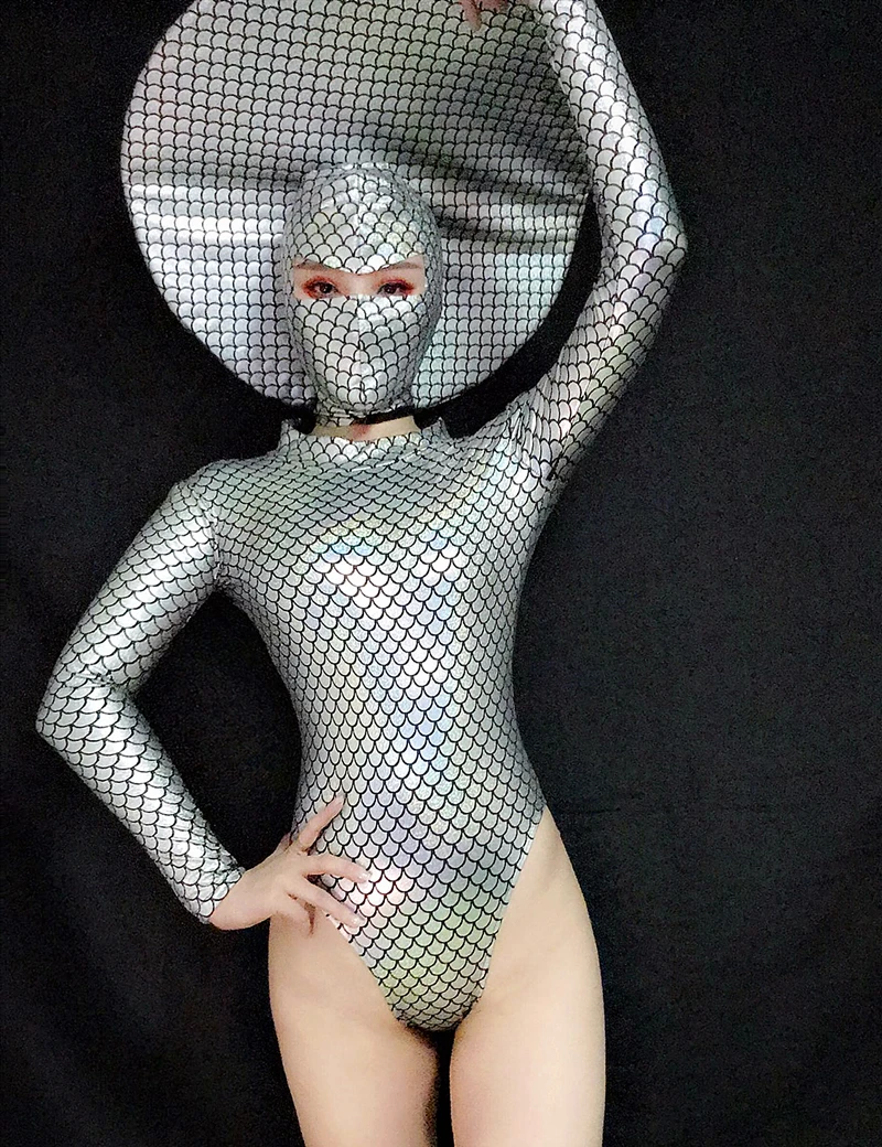 Silver Laser Fish Scale Pattern Mermaid Skinny Bodysuit Mask Big Headgear Female Dance Costume Club Bar Party Show Stage Outfit