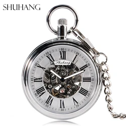 SHUHANG New Mechanic Watch 2017 Men Automatic Self Winding Pocket Watch Silver Simple Open Face Chain Pendant with Roman Number