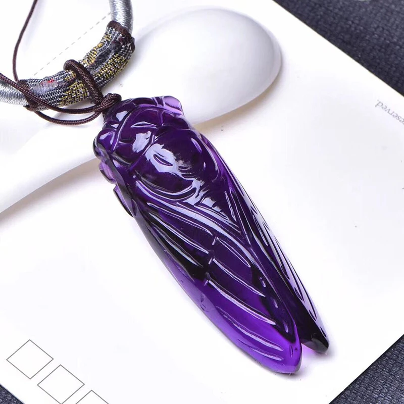 Purple Natural Crystal Carved Cicada Pendant Sweater Chain Necklace for Women Men Friend Insect Fashion Jewelry JoursNeige