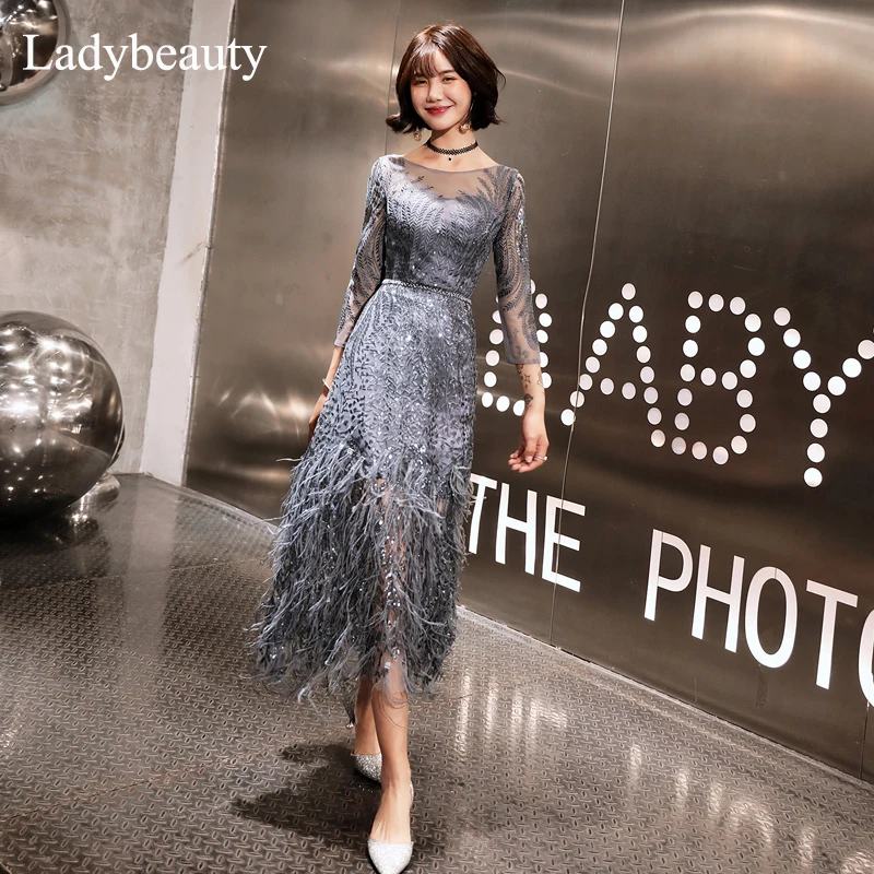 Ladybeauty New Prom Dresses 2022 O-Neck Tassel Hems Sequins Fashion Straight Party Gowns Back Zipper Formal Dress