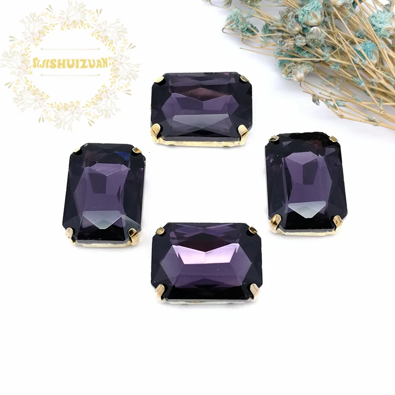 Deep Purple Rectangle Glass Crystal Sew On Rhinestones With Four Gold Claw Diy Wedding Dress shoes  Accessories