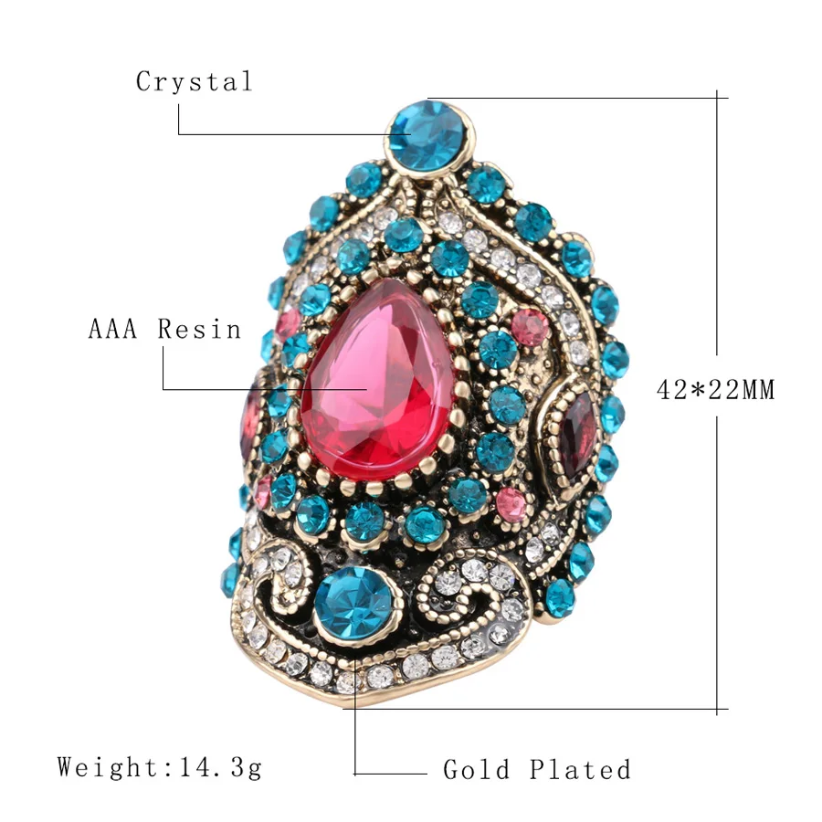 Kinel Hot Pink Big Vintage Wedding Rings For Women Gold Color Mosaic Blue Crystal Fashion Boho Jewelry Love Gift Size 7-12