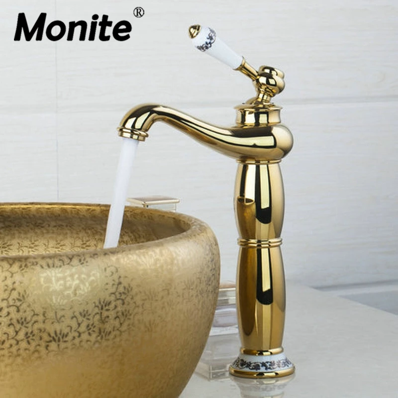 Monite Tall Golden Wash Basin Torneira Bathroom Plated Ceramic Single Handle Deck Mounted Sink Faucet Mixer Taps