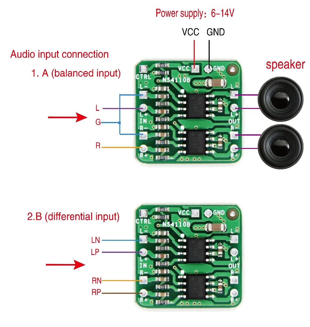 Differential Amplifier Board 2x18W Digital Class D/Class AB Audio Power Amplifier NS4110B Voltage 6-14V