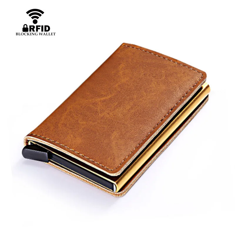 

Hot Sale RFID Card Protection Men's Leather Card Case Mini Wallet RFID Blocking Aluminium ID Credit Card Holder For Man