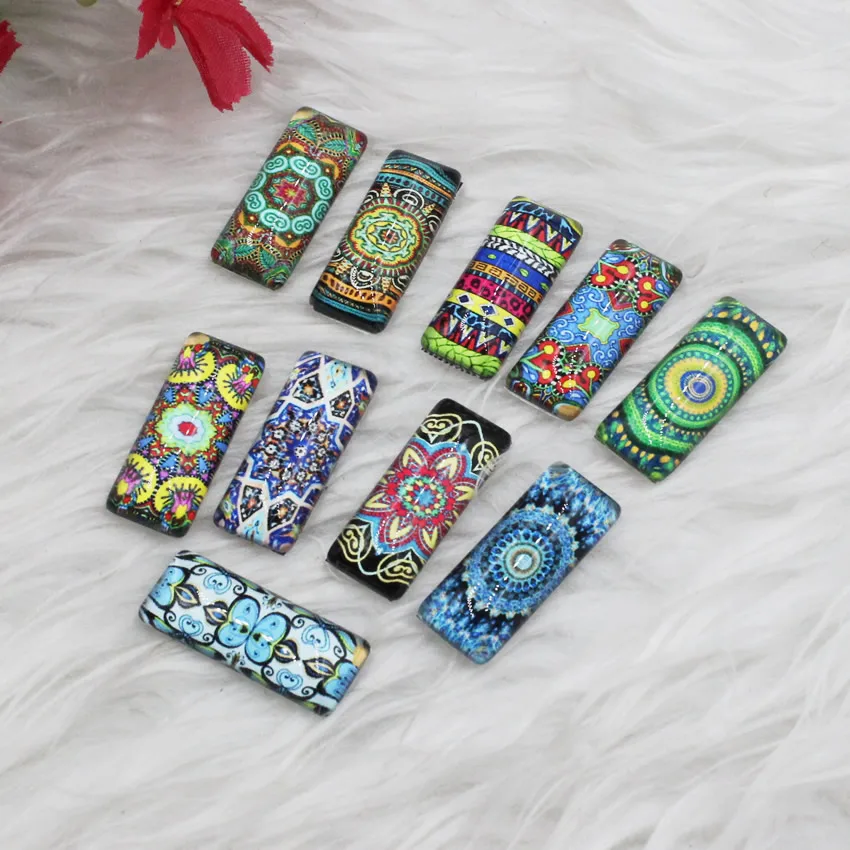 Onebeading 10x25mm Mixed Colorful flower Rectangle Glass Cabochon Dome Jewelry Finding Cameo Pendant Settings 10pcs(5pairs)
