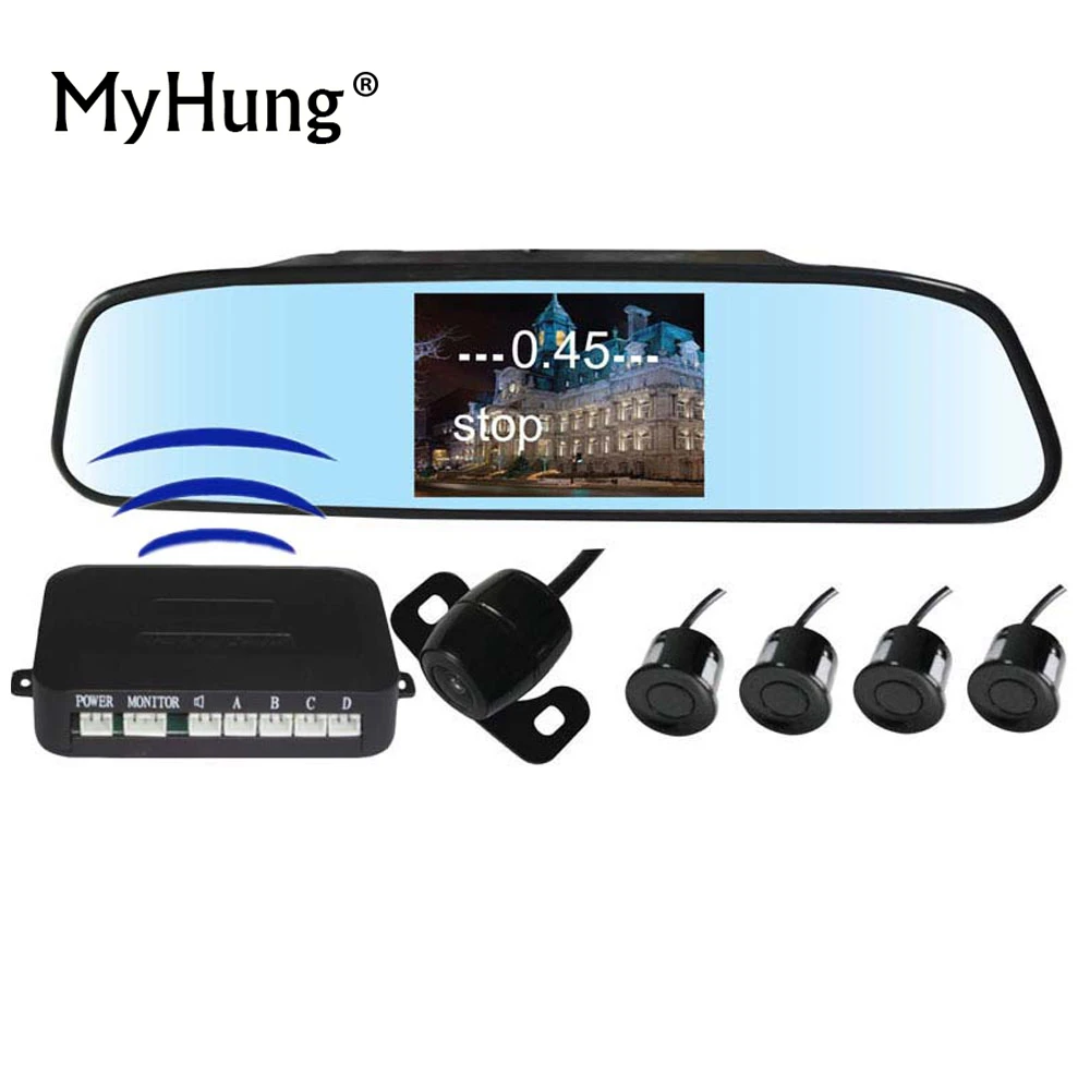 

Wireless rear view camera parking sensor backup radar alert alarm 4.3inch mirror display 4 sensors 2 in 1