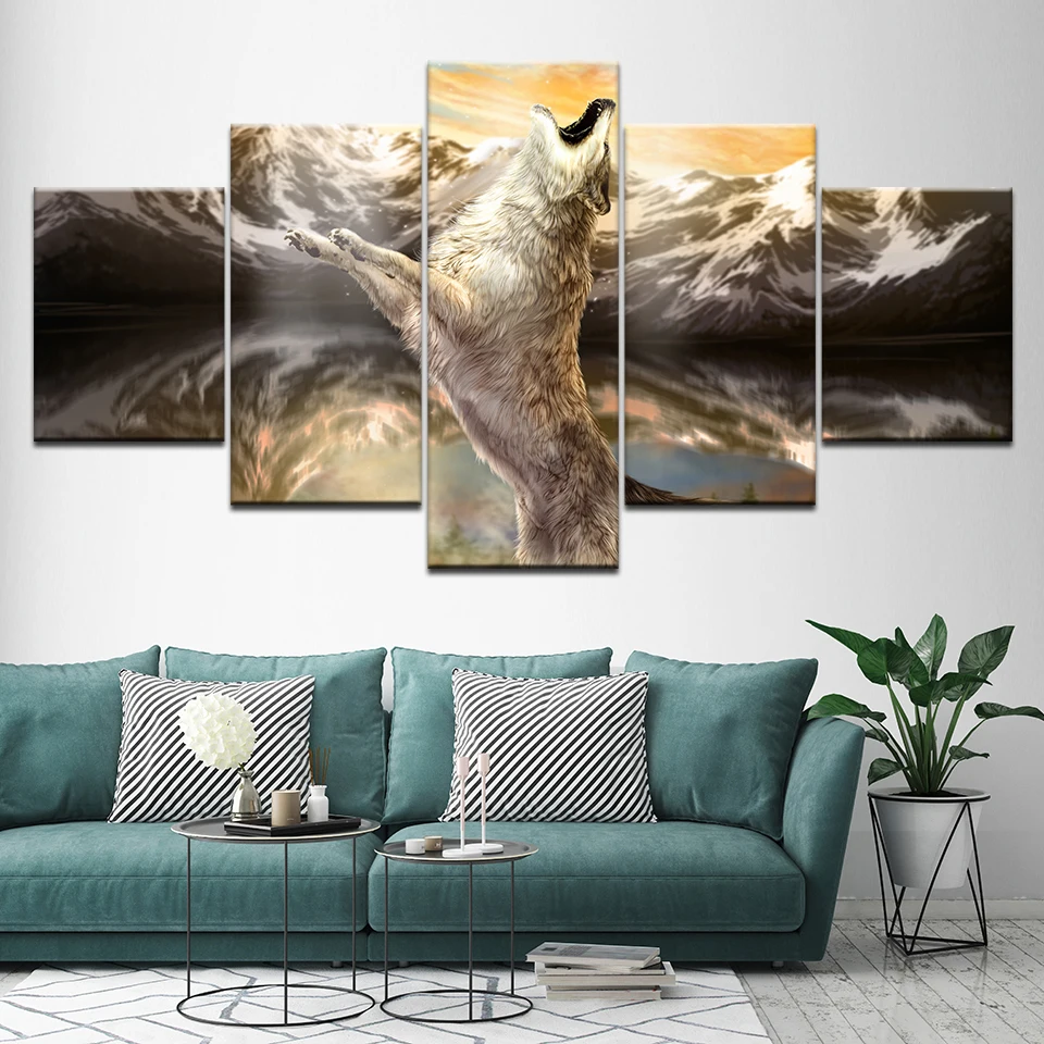 Canvas Painting running White wolf 5 Pieces Wall Art Painting Modular Wallpapers Poster Print for living room Home Decor