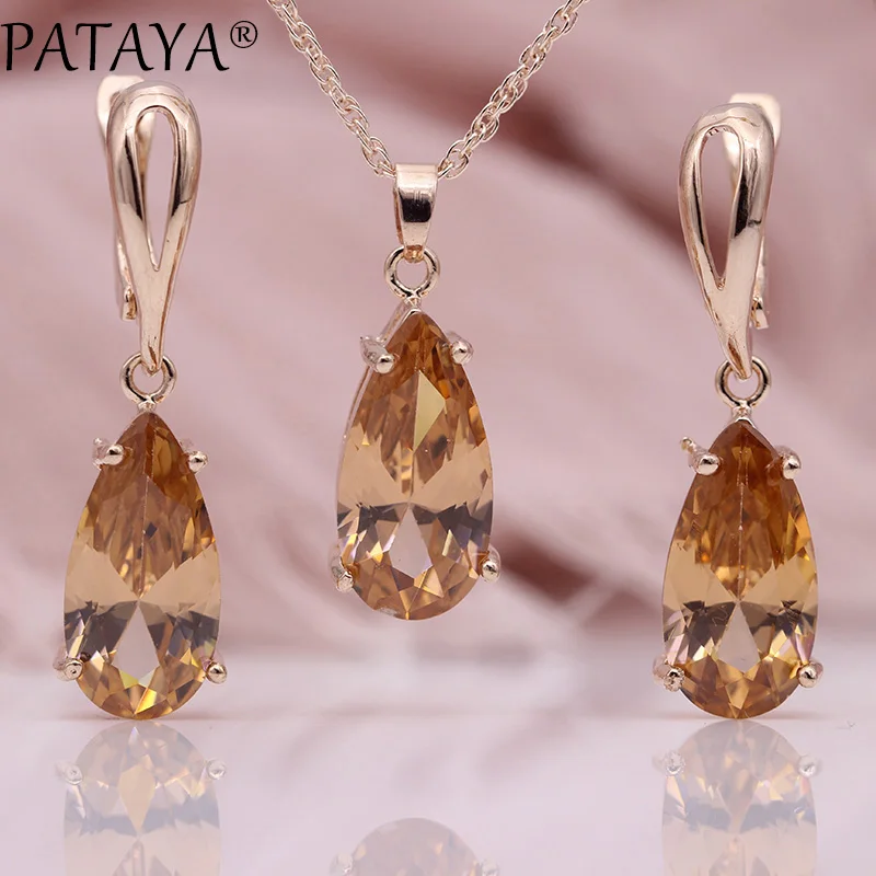 PATAYA New Blue Water Drop Earrings Pendants Necklaces Sets 585 Rose Gold Color Natural Zircon For Women Fashion Jewelry Set