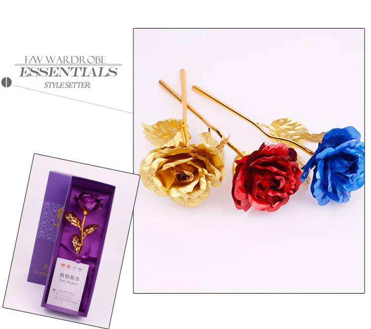 YO CHO Artificial Flowers 24k Gold Rose with Box New Year Valentine\x27s Day Gift/Present Foil Flowers Home Decor Fake Roses