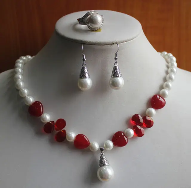 

New Design Women'S White Pearl/Red Jade Necklace Earring Ring(6/7/8/9)Jewelry Set
