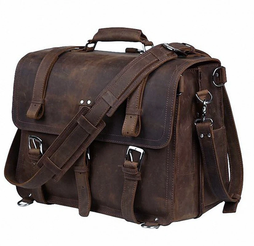 Vintage Crazy Horse Genuine Leather Men Briefcase Business Bag Large Leather Briefcase Male 15.6\