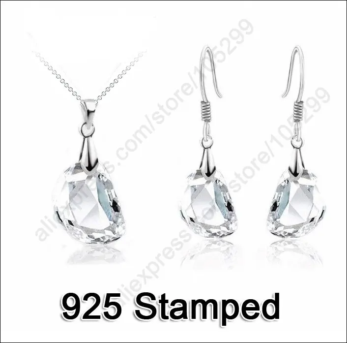 Factory Price 925 Sterling Silver Pendants&Necklaces Drop Earrings Clear Crystals Jewelry Set For Women Party Accessory