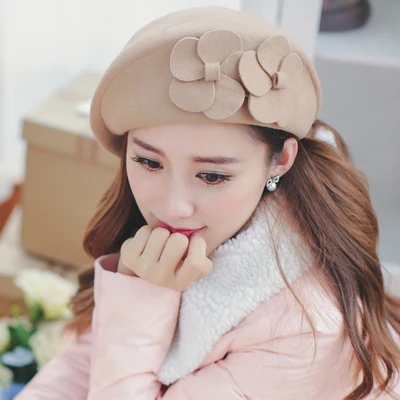 Lady Warm Fedoras Hat Girls Woolen Fedoras Cap Cute Fashion Double Flowers Berets Cap Woolen Hats Caps Women\'s Hats B-8914