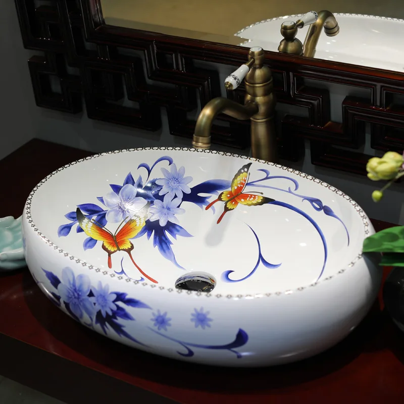 

Blue and white Jingdezhen Bathroom ceramic sink wash basin Counter Top Wash Basin Bathroom Sinks antique sink vanity oval