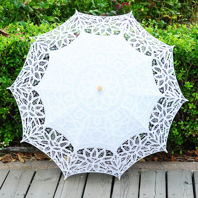 2024 Summer Vintage Lace Umbrella Parasol For Birde High Quality Lace Wood Handle Womens Wedding Sun Umbrella Sombrillas Boda