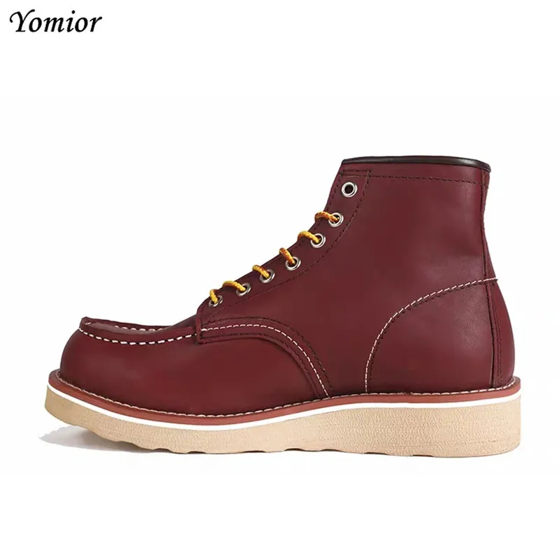 

2019 New Women Spring Summer Casual Shoes Round Toe Cow Leather Wedges Red Boots Vintage Military Motorcycle Boot Vacation