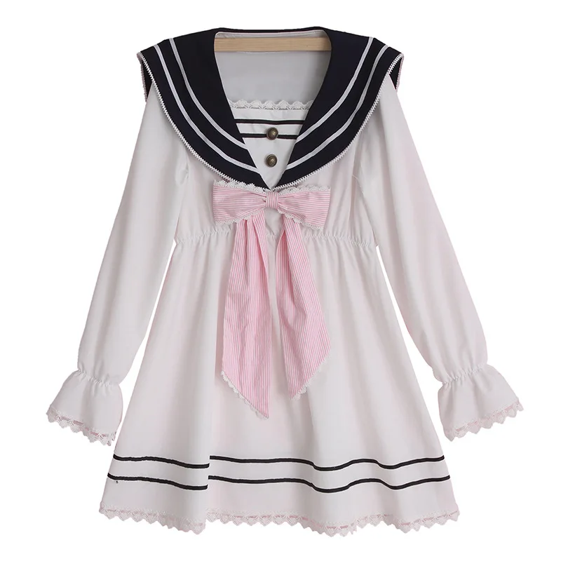 Preppy style Japanese Women Lolita Bowknot Chiffon Long Sleeve Dress JK Uniform Sailor Dresses Girls Party Princess Lace Dress